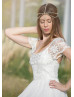 Cap Sleeves Ivory Lace Chiffon Modern Boho Wedding Dress